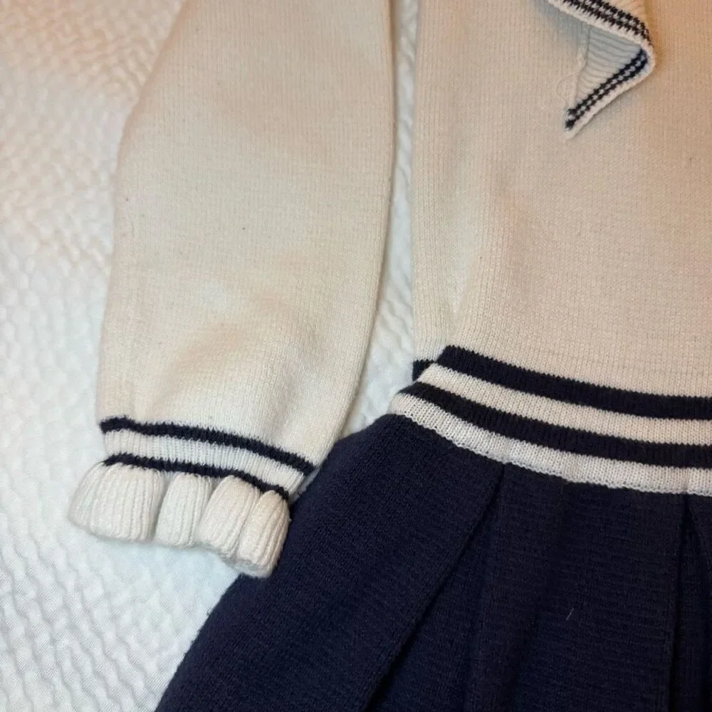 Hope & Henry | Ivory Navy Knit Dress | Ruffle Trim and Mock Neck | Girls 5
